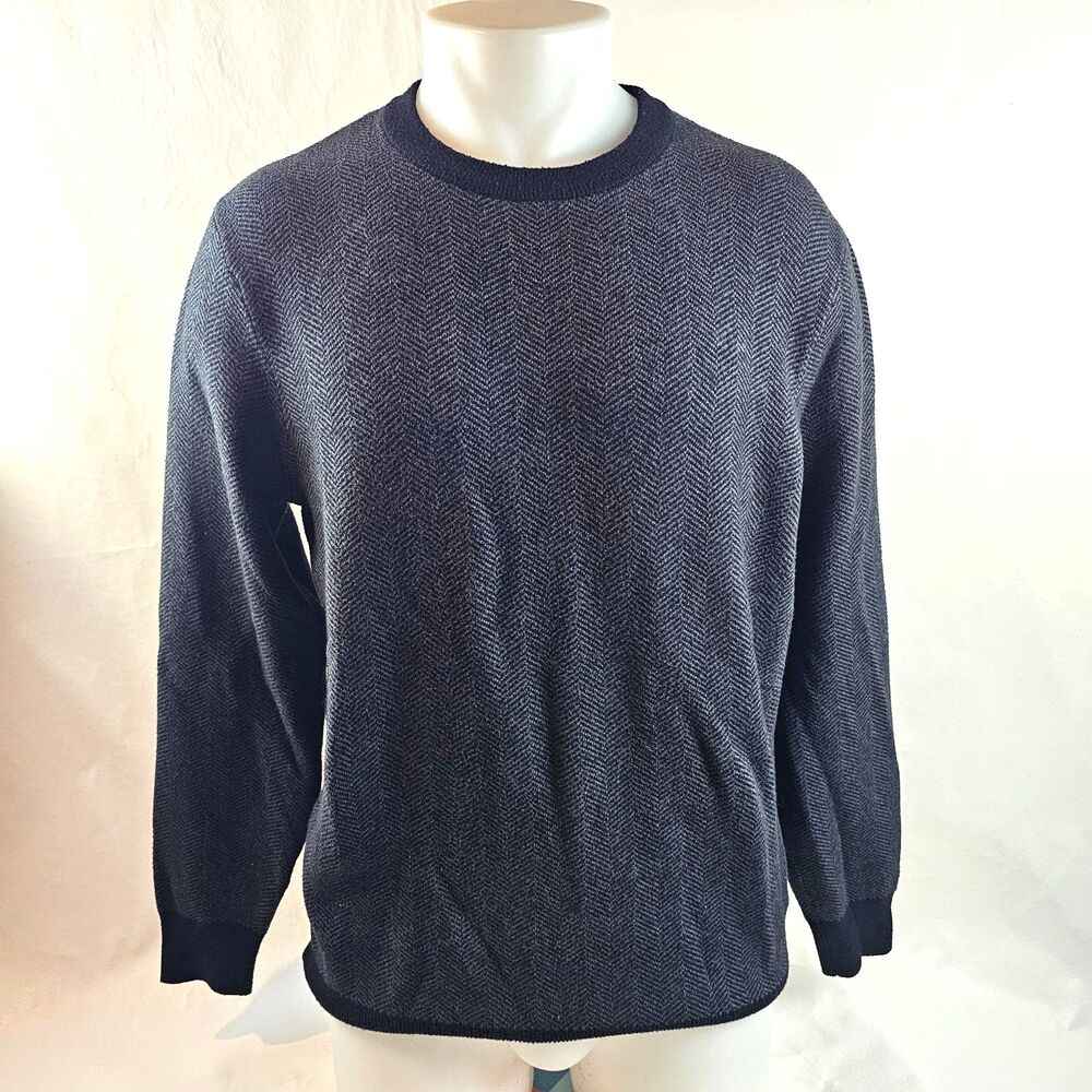 Lachlan Sweater Mens Medium Black Gray Herringbone Crewneck British Preppy Knit
